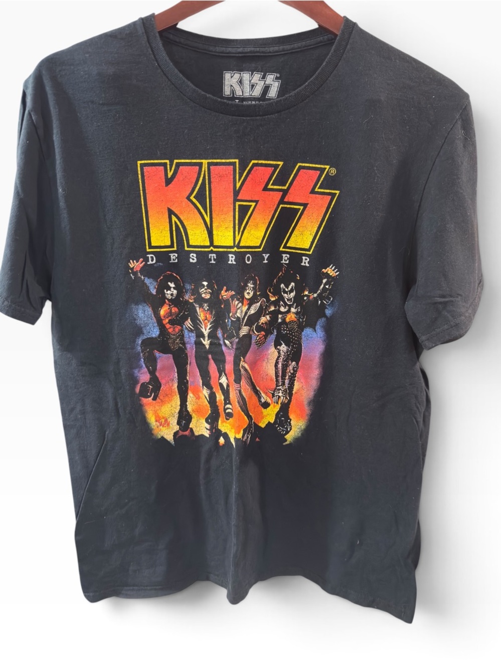 Kiss Black 'Destroyer' Short Sleeve Graphic Tee with Yellow-Orange Red Logo